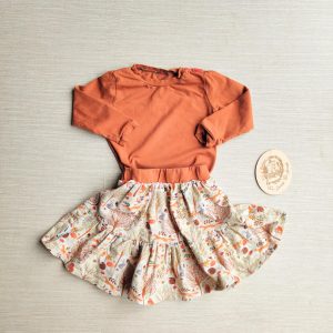 PRE-LOVED; RE-LOVED Age 1 OUTFIT: Long Sleeve T and Tiered Skirt GUC Woodland Wander/Rust with Poppered Neckline