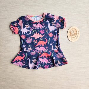 PRE-LOVED; RE-LOVED Age 1 Peplum T GUC Dinos/Dusty Pink with Poppered Neckline