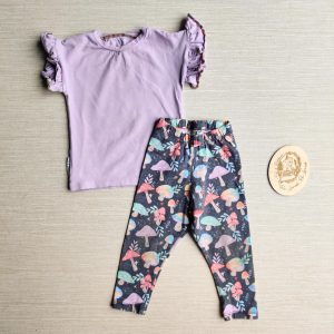 PRE-LOVED; RE-Loved Age 6-12m OUTFIT: Leggings and Frilly Dolman T GUC Magical Mushrooms/Light Lilac with Poppered Neckline