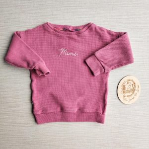 PRE-LOVED; RE-LOVED Age 1 Raspberry Waffle Sweater EUC with "Mini" custom embroidery