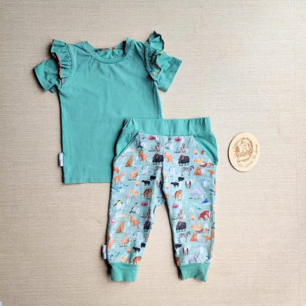 PRE-LOVED; RE-LOVED Age 1 OUTFIT: Joggers and Frilly T EUC MM Alphabet Animals/Dark Mint with poppered neckline and frills