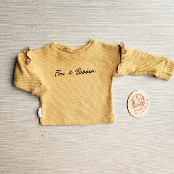 PRE-LOVED; RE-LOVED Age 1 Waffle Sweater EUC Mustard with Frills