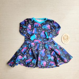 PRE-LOVED; RE-LOVED Age 2 Long Sleeved Skater Dress EUC Ursa Major/Turquoise with Poppered Neckline and Pockets