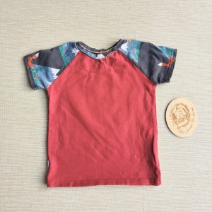 PRE-LOVED; RE-LOVED Age 2 Raglan T GUC Mountains & Mushrooms/Wine Red