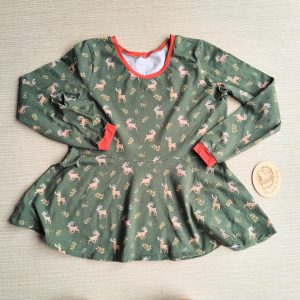 PRE-LOVED; RE-LOVED XL Long Sleeve Peplum T EUC MM Scandi Reindeer (Green)/Red