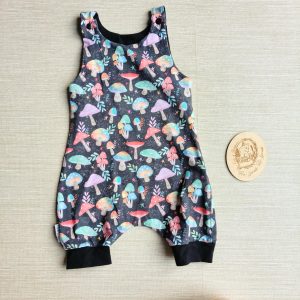 PRE-LOVED; RE-LOVED Age 1 Shorty Dunga Romper GUC Magical Mushrooms/Black