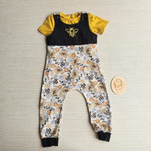 PRE-LOVED; RE-LOVED Age 3 OUTFIT: Romper and T Shirt EUC MM Honey Bees/Black/Mustard with poppered neckline