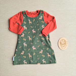 PRE-LOVED; RE-LOVED Age 1 OUTFIT: Romper Dress and Long Sleeve T EUC MM Reindeer (green)/Red with poppered neckline