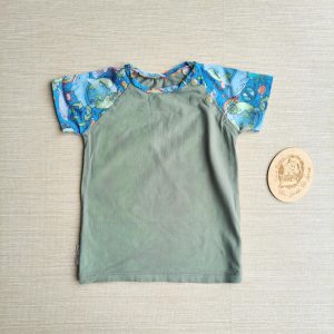 PRE-LOVED; RE-LOVED Age 3 Raglan T EUC Ocean Day/Sage Green with poppered neckline