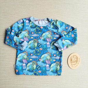 PRE-LOVED; RE-LOVED Age 3 Long Sleeve T EUC Ocean Day/Baby Blue with poppered neckline