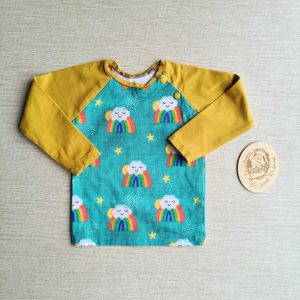 PRE-LOVED; RE-LOVED Age 2 Long Sleeve Raglan T EUC Every Cloud/Mustard with poppered neckline
