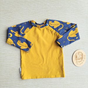 PRE-LOVED; RE-LOVED Age 1 Long Sleeve Raglan T EUC Leopards/Mustard with popper neck