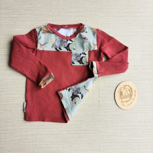 PRE-LOVED; RE-LOVED Age 2 Long Sleeve T GUC Woodland Creatures/Wine Red colourblocked