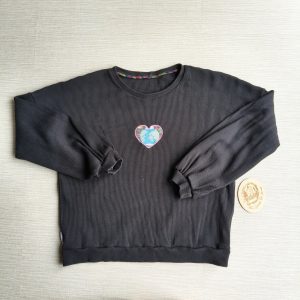 PRE-LOVED; RE-LOVED Women's Large Black Waffle Sweater EUC with Happy Earth heart embroidery