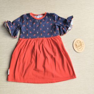 PRE-LOVED; RE-LOVED Age 2 Frilly T Dress EUC MM Denim Mushrooms/Red with pockets and poppered neckline