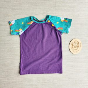 PRE-LOVED; RE-LOVED Age 2 Raglan T EUC Every Cloud/Purple with poppered neckline