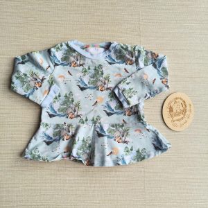 PRE-LOVED; RE-LOVED Age 2 Long Sleeve Peplum T EUC MM Animal Earth/Baby Blue with poppered neckline