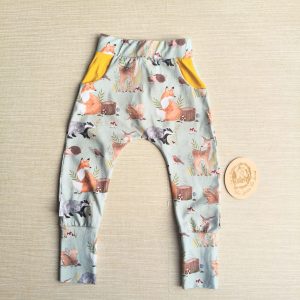 PRE-LOVED; RE-LOVED Age 3 Grow With Me Slim Fit Harems EUC Woodland Creatures/Mustard