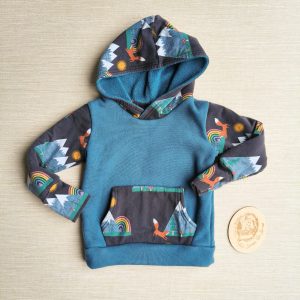 PRE-LOVED; RE-LOVED Age 2 Hoody GUC Mountains & Mushrooms/Petrol Alpine Fleece