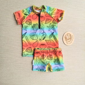 PRE-LOVED; RE-LOVED Age 2 SWIM Set: Zip top and shorts EUC MM Rainbow Shells