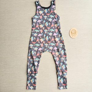 PRE-LOVED; RE-LOVED Age 2 Grow With Me Romper GUC Magical Mushrooms/Black