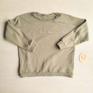 PRE-LOVED; RE-LOVED Ladies L Waffle Sweater GUC Olive Waffle with cream embroidery