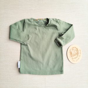 PRE-LOVED; RE-LOVED Age 3-6m Long Sleeve T Shirt EUC Olive Green with poppered neckline