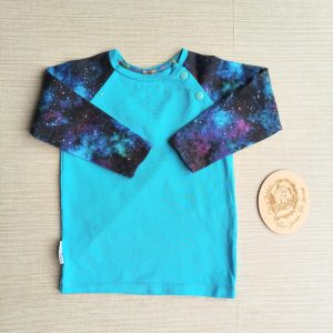 PRE-LOVED; RE-LOVED Age 2 Long Sleeve Raglan T EUC Challenge Galaxy/Turquoise with poppered neckline