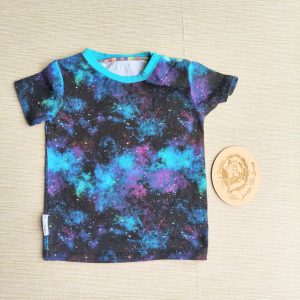 PRE-LOVED; RE-LOVED Age 2 T Shirt GUC Challenge Galaxy/Turquoise with poppered neckline