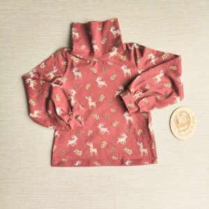 PRE-LOVED; RE-LOVED Age 5 Bell Sleeve Turtle Neck T EUC MM Reindeer (wine background)