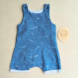 PRE-LOVED; RE-LOVED Age 1 Shorty Romper EUC Challenge Whales/Baby Blue
