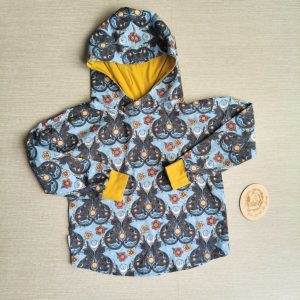 PRE-LOVED; RE-LOVED Age 10 Long Sleeve Hooded T Shirt EUC MM Mystic Cats/Mustard