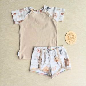 PRE-LOVED; RE-LOVED Age 2 OUTFIT: Raglan T and Track Shorts EUC On the Farm/Beige with poppered neckli