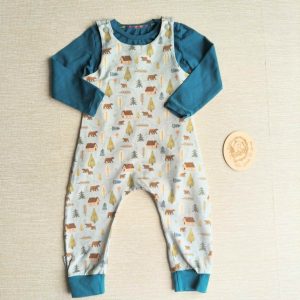 PRE-LOVED; RE-LOVED Age 2 OUTFIT: Romper and Long Sleeve T EUC Scandi Bear/Petrol with poppered neckline