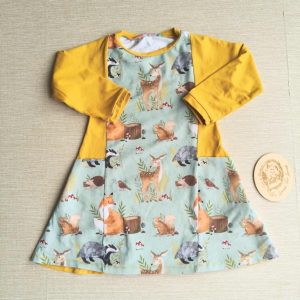 PRE-LOVED; RE-LOVED Age 3 Long Sleeve Colour Block Tunic Dress EUC Woodland Creatures/Mustard