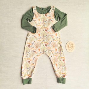PRE-LOVED; RE-LOVED Age 2 OUTFIT: Romper and Long Sleeve T EUC Woodland Wander/Khaki with poppered neckline