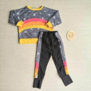 PRE-LOVED; RE-LOVED Age 3 OUTFIT: Rainbow French Terry Sweater and Rainbow Joggers EUC MM Hearts/Brights