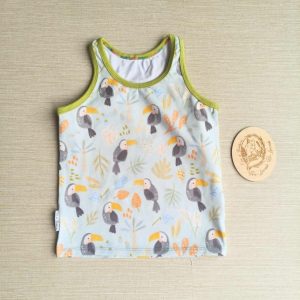 PRE-LOVED; RE-LOVED Age 3 Racer Back Vest Top EUC MM Toucans/Lime Green
