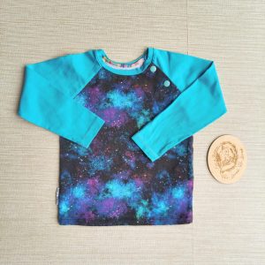 PRE-LOVED; RE-LOVED Age 2 Long Sleeve Raglan T EUC Challenge Galaxy/Turquoise with poppered neckline