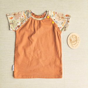 PRE-LOVED; RE-LOVED Age 3 Raglan T EUC Woodland Wander/Rust with poppered neckline