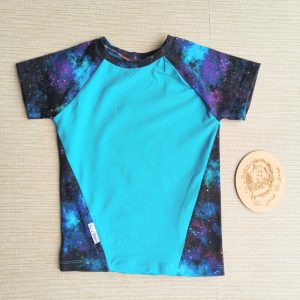 PRE-LOVED; RE-LOVED Age 2 Raglan T EUC Challenge Galaxy/Turquoise
