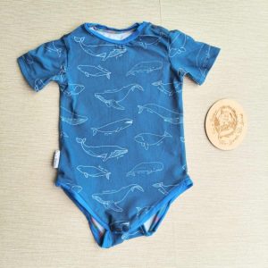 PRE-LOVED; RE-LOVED Age 1 Babygrow Vest EUC Challenge Whales/Blue with poppered neckline and crotch