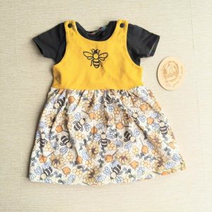PRE-LOVED; RE-LOVED Age 2 OUTFIT: Romper Dress and T shirt EUC MM Honey Bees/Mustard/Black with poppered neckline and pockets