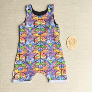 PRE-LOVED; RE-LOVED Age 3 Shorty Romper EUC Peace & Rainbows/Black