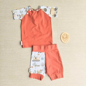 PRE-LOVED; RE-LOVED Age 2 OUTFIT: Raglan T and Slim Fit Jogger Shorts PLAYWEAR Challenge Fixing the Planet/Terracotta with poppered neckline