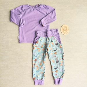 PRE-LOVED; RE-LOVED Age 3 OUTFIT: Joggers and Long Sleeve T EUC MM Animal Alphabet/Lavender with pockets and poppered neckline