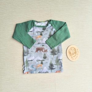 PRE-LOVED; RE-LOVED 6-12m Long Sleeve Raglan T EUC Down by the River/Olive with poppered neckline