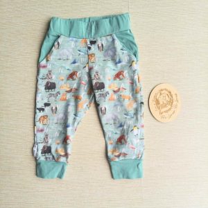 PRE-LOVED; RE-LOVED Age 1 Joggers EUC MM Alphabet Animals/Dark Mint with pockets