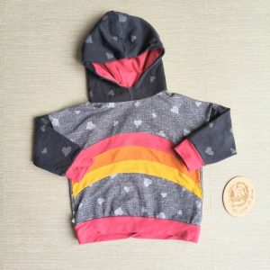 PRE-LOVED; RE-LOVED Age 3 Hoody EUC MM Hearts black and grey with bright rainbow