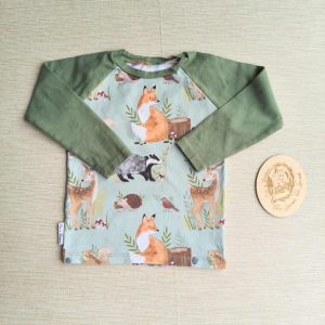 PRE-LOVED; RE-LOVED Age 1 Long Sleeve Raglan T EUC Woodland Creatures/Olive